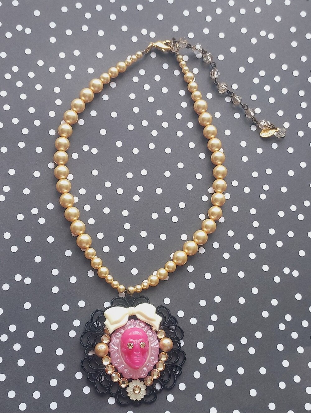 Tarina Tarantino Gold Pearl Necklace with Pink Cameo and Black Filigree